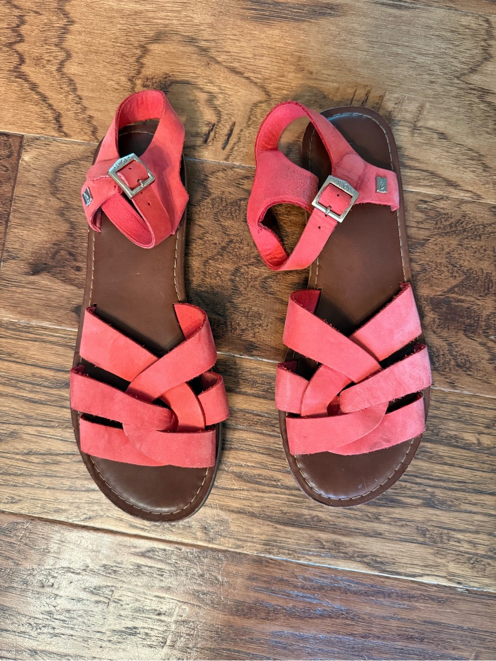 Women’s TOMS Red Strappy Leather Sandals with Ankle Buckle